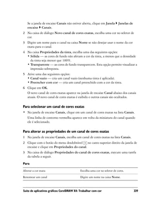 Se a janela de encaixe Canais não estiver aberta, clique em Janela      Janelas de
   encaixe Canais.
2 Na caixa de diálogo Novo canal de cores exatas, escolha uma cor no seletor de
  cor.
3 Digite um nome para o canal na caixa Nome se não desejar usar o nome da cor
  exata para o canal.
4 Na caixa Propriedades da tinta, escolha uma das seguintes opções:
  • Sólida — as cores de fundo não afetam a cor da tinta, a menos que a densidade
    da tinta seja menor que 100%.
  • Transparente — as cores de fundo transparecem. Esta opção permite visualizar a
    impressão sobreposta.
5 Ative uma das seguintes opções:
  • Canal vazio — cria um canal vazio (nenhuma tinta é aplicada).
  • Preencher com cor — cria um canal preenchido com a cor da tinta.
6 Clique em OK.
  O novo canal de cores exatas aparece na janela de encaixe Canal abaixo dos canais
  atuais. O novo canal de cores exatas é exibido e outros canais são ocultados.

Para selecionar um canal de cores exatas
• Na janela de encaixe Canais, clique em um canal de cores exatas na lista Canais.
   Uma linha de contorno vermelha aparece em volta da miniatura do canal quando
   ele é selecionado.

Para alterar as propriedades de um canal de cores exatas
1 Na janela de encaixe Canais, escolha um canal de cores exatas na lista Canais.
2 Clique com o botão do menu desdobrável no canto superior direito da janela de
  encaixe e clique em Propriedades do canal.
3 Na caixa de diálogo Propriedades do canal de cores exatas, execute uma tarefa
  da tabela a seguir.

Para

Alterar a cor exata                         Escolha uma cor no seletor de cores.

Renomear um canal                           Digite um nome na caixa Nome.



Suíte de aplicativos gráficos CorelDRAW X4: Trabalhar com cor                           339
 