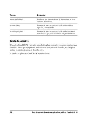 Termo                            Descrição

menu desdobrável                 Um botão que abre um grupo de ferramentas ou itens
                                 de menu relacionados.

texto artístico                  Um tipo de texto ao qual você pode aplicar efeitos
                                 especiais, como sombras.

texto de parágrafo               Um tipo de texto ao qual você pode aplicar opções de
                                 formatação e que pode ser editado em grandes blocos.



Janela do aplicativo
Quando o CorelDRAW é iniciado, a janela do aplicativo se abre contendo uma janela de
desenho. Ainda que seja possível abrir mais de uma janela de desenho, você só pode
aplicar comandos à janela de desenho ativa.
A janela do aplicativo CorelDRAW aparece abaixo.




28                         Guia do usuário da suíte de aplicativos gráficos CorelDRAW X4
 