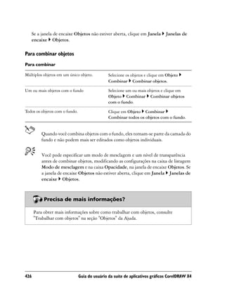 Se a janela de encaixe Objetos não estiver aberta, clique em Janela          Janelas de
   encaixe Objetos.

Para combinar objetos
Para combinar

Múltiplos objetos em um único objeto.           Selecione os objetos e clique em Objeto
                                                Combinar Combinar objetos.

Um ou mais objetos com o fundo                  Selecione um ou mais objetos e clique em
                                                Objeto Combinar Combinar objetos
                                                com o fundo.

Todos os objetos com o fundo.                   Clique em Objeto Combinar
                                                Combinar todos os objetos com o fundo.


          Quando você combina objetos com o fundo, eles tornam-se parte da camada do
          fundo e não podem mais ser editados como objetos individuais.


          Você pode especificar um modo de mesclagem e um nível de transparência
          antes de combinar objetos, modificando as configurações na caixa de listagem
          Modo de mesclagem e na caixa Opacidade, na janela de encaixe Objetos. Se
          a janela de encaixe Objetos não estiver aberta, clique em Janela Janelas de
          encaixe Objetos.



           Precisa de mais informações?

      Para obter mais informações sobre como trabalhar com objetos, consulte
      "Trabalhar com objetos" na seção "Objetos" da Ajuda.




426                             Guia do usuário da suíte de aplicativos gráficos CorelDRAW X4
 