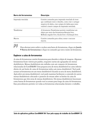 Barra de ferramentas               Descrição

Impressão mesclada                 Contém comandos para impressão mesclada de itens
                                   que combinam texto e desenho, como criar e carregar
                                   arquivos de dados, criar campos de dados para texto
                                   variável e inserir campos de impressão mesclada.

Transformar                        A ferramenta Transformar permite transformar um
                                   objeto por meio das ferramentas Rotação livre,
                                   Reflexão angular livre, Escala livre e Inclinação livre.

Macros                             Contém comandos para editar, testar e executar
                                   macros.


         Para alternar entre exibir e ocultar uma barra de ferramentas, clique em Janela
          Barras de ferramentas e clique no comando que tem o nome da ferramenta.

Explorar a caixa de ferramentas
A caixa de ferramentas contém ferramentas para desenho e edição de imagens. Algumas
ferramentas ficam visíveis por padrão, enquanto outras são agrupadas em menus
desdobráveis. Menus desdobráveis são exibidos com um conjunto de ferramentas
relacionadas do CorelDRAW Uma pequena seta de menu desdobrável no canto inferior
                            .
direito de um botão de caixa de ferramentas indica um menu desdobrável. Você pode
acessar as ferramentas em um menu desdobrável clicando na seta de menu desdobrável.
Após abrir um menu desdobrável, você pode examinar facilmente o conteúdo de outros
menus desdobráveis colocando o ponteiro do mouse sobre os botões da caixa de
ferramentas que têm setas de menus desdobráveis. Os menus desdobráveis funcionam
como barras de ferramentas quando você os arrasta para longe da caixa de ferramentas.
Esse procedimento permite ver todas as ferramentas relacionadas durante o trabalho.




Suíte de aplicativos gráficos CorelDRAW X4: Tour pelo espaço de trabalho do CorelDRAW 33
 