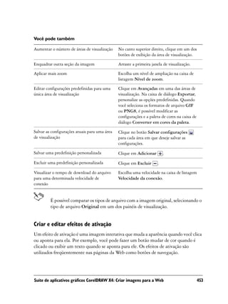 Você pode também

Aumentar o número de áreas de visualização     No canto superior direito, clique em um dos
                                               botões de exibição da área de visualização.

Enquadrar outra seção da imagem                Arraste a primeira janela de visualização.

Aplicar mais zoom                              Escolha um nível de ampliação na caixa de
                                               listagem Nível de zoom.

Editar configurações predefinidas para uma     Clique em Avançadas em uma das áreas de
única área de visualização                     visualização. Na caixa de diálogo Exportar,
                                               personalize as opções predefinidas. Quando
                                               você seleciona os formatos de arquivo GIF
                                               ou PNG8, é possível modificar as
                                               configurações e a paleta de cores na caixa de
                                               diálogo Converter em cores da paleta.

Salvar as configurações atuais para uma área   Clique no botão Salvar configurações
de visualização                                para cada área em que deseje salvar as
                                               configurações.

Salvar uma predefinição personalizada          Clique em Adicionar       .

Excluir uma predefinição personalizada         Clique em Excluir     .

Visualizar o tempo de download do arquivo      Escolha uma velocidade na caixa de listagem
para uma determinada velocidade de             Velocidade da conexão.
conexão


         É possível comparar os tipos de arquivo com a imagem original, selecionando o
         tipo de arquivo Original em um dos painéis de visualização.


Criar e editar efeitos de ativação
Um efeito de ativação é uma imagem interativa que muda a aparência quando você clica
ou aponta para ela. Por exemplo, você pode fazer um botão mudar de cor quando é
clicado ou exibir um texto quando se aponta para ele. Os efeitos de ativação são
utilizados freqüentemente nas páginas da Web como botões de navegação.




Suíte de aplicativos gráficos CorelDRAW X4: Criar imagens para a Web                           453
 