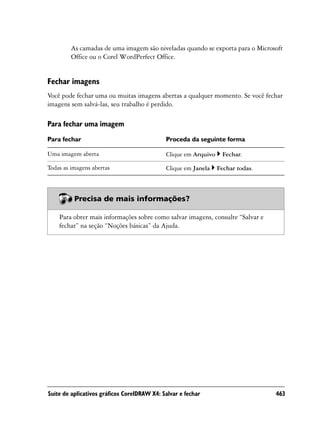 As camadas de uma imagem são niveladas quando se exporta para o Microsoft
         Office ou o Corel WordPerfect Office.


Fechar imagens
Você pode fechar uma ou muitas imagens abertas a qualquer momento. Se você fechar
imagens sem salvá-las, seu trabalho é perdido.

Para fechar uma imagem
Para fechar                                  Proceda da seguinte forma

Uma imagem aberta                            Clique em Arquivo    Fechar.

Todas as imagens abertas                     Clique em Janela    Fechar todas.



          Precisa de mais informações?

    Para obter mais informações sobre como salvar imagens, consulte “Salvar e
    fechar” na seção “Noções básicas” da Ajuda.




Suíte de aplicativos gráficos CorelDRAW X4: Salvar e fechar                      463
 