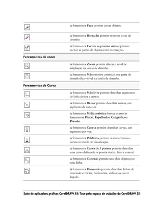 A ferramenta Faca permite cortar objetos.


                                   A ferramenta Borracha permite remover áreas do
                                   desenho.

                                   A ferramenta Excluir segmento virtual permite
                                   excluir as partes de objetos entre interseções.

Ferramentas de zoom

                                   A ferramenta Zoom permite alterar o nível de
                                   ampliação na janela de desenho.

                                   A ferramenta Mão permite controlar que parte do
                                   desenho fica visível na janela de desenho.

Ferramentas de Curva

                                   A ferramenta Mão livre permite desenhar segmentos
                                   de linha únicos e curvas.

                                   A ferramenta Bézier permite desenhar curvas, um
                                   segmento de cada vez.

                                   A ferramenta Mídia artística fornece acesso às
                                   ferramentas Pincel, Espalhador, Caligráfico e
                                   Pressão.

                                   A ferramenta Caneta permite desenhar curvas, um
                                   segmento por vez.

                                   A ferramenta Polilinha permite desenhar linhas e
                                   curvas no modo de visualização.

                                   A ferramenta Curva de 3 pontos permite desenhar
                                   uma curva definindo os pontos inicial, final e central.

                                   A ferramenta Conexão permite unir dois objetos por
                                   uma linha.

                                   A ferramenta Dimensão permite desenhar linhas de
                                   dimensão verticais, horizontais, inclinadas ou em
                                   ângulo.




Suíte de aplicativos gráficos CorelDRAW X4: Tour pelo espaço de trabalho do CorelDRAW 35
 