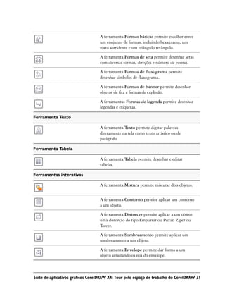 A ferramenta Formas básicas permite escolher entre
                                   um conjunto de formas, incluindo hexagrama, um
                                   rosto sorridente e um triângulo retângulo.

                                   A ferramenta Formas de seta permite desenhar setas
                                   com diversas formas, direções e número de pontas.

                                   A ferramenta Formas de fluxograma permite
                                   desenhar símbolos de fluxograma.

                                   A ferramenta Formas de banner permite desenhar
                                   objetos de fita e formas de explosão.

                                   A ferramentas Formas de legenda permite desenhar
                                   legendas e etiquetas.

Ferramenta Texto

                                   A ferramenta Texto permite digitar palavras
                                   diretamente na tela como texto artístico ou de
                                   parágrafo.

Ferramenta Tabela

                                   A ferramenta Tabela permite desenhar e editar
                                   tabelas.

Ferramentas interativas

                                   A ferramenta Mistura permite misturar dois objetos.


                                   A ferramenta Contorno permite aplicar um contorno
                                   a um objeto.

                                   A ferramenta Distorcer permite aplicar a um objeto
                                   uma distorção do tipo Empurrar ou Puxar, Zíper ou
                                   Torcer.

                                   A ferramenta Sombreamento permite aplicar um
                                   sombreamento a um objeto.

                                   A ferramenta Envelope permite dar forma a um
                                   objeto arrastando os nós do envelope.



Suíte de aplicativos gráficos CorelDRAW X4: Tour pelo espaço de trabalho do CorelDRAW 37
 