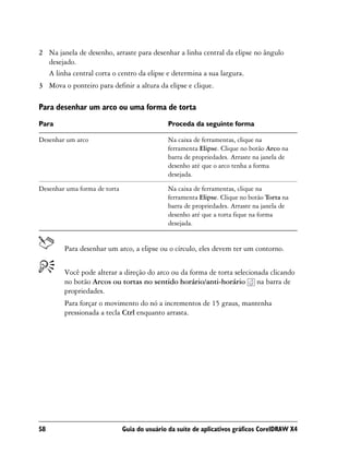 2 Na janela de desenho, arraste para desenhar a linha central da elipse no ângulo
  desejado.
  A linha central corta o centro da elipse e determina a sua largura.
3 Mova o ponteiro para definir a altura da elipse e clique.

Para desenhar um arco ou uma forma de torta
Para                                         Proceda da seguinte forma

Desenhar um arco                             Na caixa de ferramentas, clique na
                                             ferramenta Elipse. Clique no botão Arco na
                                             barra de propriedades. Arraste na janela de
                                             desenho até que o arco tenha a forma
                                             desejada.

Desenhar uma forma de torta                  Na caixa de ferramentas, clique na
                                             ferramenta Elipse. Clique no botão Torta na
                                             barra de propriedades. Arraste na janela de
                                             desenho até que a torta fique na forma
                                             desejada.


        Para desenhar um arco, a elipse ou o círculo, eles devem ter um contorno.


        Você pode alterar a direção do arco ou da forma de torta selecionada clicando
        no botão Arcos ou tortas no sentido horário/anti-horário na barra de
        propriedades.
        Para forçar o movimento do nó a incrementos de 15 graus, mantenha
        pressionada a tecla Ctrl enquanto arrasta.




58                            Guia do usuário da suíte de aplicativos gráficos CorelDRAW X4
 