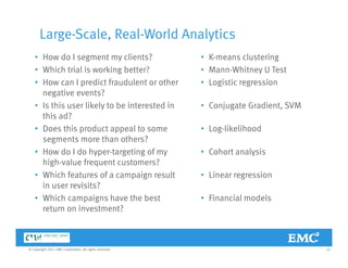 Large-Scale, Real-World Analytics
• How do I segment my clients?
• Which trial is working better?
• How can I predict fraudulent or other
• K-means clustering
• Mann-Whitney U Test
• Logistic regressionHow can I predict fraudulent or other
negative events?
• Is this user likely to be interested in
this ad?
Logistic regression
• Conjugate Gradient, SVM
this ad?
• Does this product appeal to some
segments more than others?
• How do I do hyper targeting of my
• Log-likelihood
• Cohort analysis• How do I do hyper-targeting of my
high-value frequent customers?
• Which features of a campaign result
in user revisits?
• Cohort analysis
• Linear regression
in user revisits?
• Which campaigns have the best
return on investment?
• Financial models
25© Copyright 2011 EMC Corporation. All rights reserved.
 