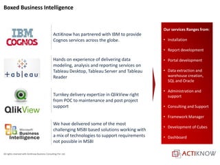 All rights reserved with ActiKnow Business Consulting Pvt. Ltd.
Boxed Business Intelligence
Turnkey delivery expertize in QlikView right
from POC to maintenance and post project
support
Hands on experience of delivering data
modeling, analysis and reporting services on
Tableau Desktop, Tableau Server and Tableau
Reader
ActiKnow has partnered with IBM to provide
Cognos services across the globe.
We have delivered some of the most
challenging MSBI based solutions working with
a mix of technologies to support requirements
not possible in MSBI
Our services Ranges from:
• Installation
• Report development
• Portal development
• Data extraction and
warehouse creation,
SQL and Oracle
• Administration and
support
• Consulting and Support
• Framework Manager
• Development of Cubes
• Dashboard
 