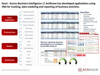 All rights reserved with ActiKnow Business Consulting Pvt. Ltd.
Excel - Access Business Intelligence || ActiKnow has developed applications using
VBA for tracking, data modeling and reporting of business activities
Excel
Application
Tracking Tools
Models
Dashboards
Management reporting
Inventory management
Proposal generator
Supply chain management
Sales force effectiveness
Sales tracking
Inventory tracking
Resource tracking
Attrition tracking
Pricing
Financial
Channel optimization
Statistical
Sales
Inventory
Log analysis
HR Reporting
Specialties:
• User friendly
Interfaces
• Insight supportive
database design
• Dashboards consisting
KPI’s
• Fully automated
reports
• Insightful analysis of
your business data
Get your reporting structure
automated by our intelligent
Excel-VBA solutions
 
