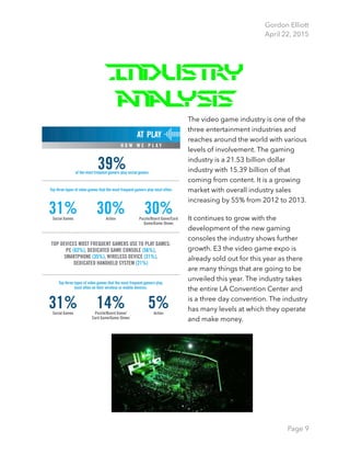 Gordon Elliott 
April 22, 2015
Industry
Analysis
The video game industry is one of the
three entertainment industries and
reaches around the world with various
levels of involvement. The gaming
industry is a 21.53 billion dollar
industry with 15.39 billion of that
coming from content. It is a growing
market with overall industry sales
increasing by 55% from 2012 to 2013.
It continues to grow with the
development of the new gaming
consoles the industry shows further
growth. E3 the video game expo is
already sold out for this year as there
are many things that are going to be
unveiled this year. The industry takes
the entire LA Convention Center and
is a three day convention. The industry
has many levels at which they operate
and make money.
Page 9
 