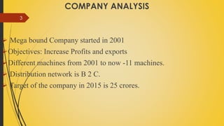 COMPANY ANALYSIS
 Mega bound Company started in 2001
Objectives: Increase Profits and exports
Different machines from 2001 to now -11 machines.
 Distribution network is B 2 C.
 Target of the company in 2015 is 25 crores.
3
 