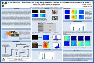 Ground-based Cloud detection using a digital camera above Manila Observatory (14.64N, 121.07E)
Gacal,GlennFranco1
;Francis,Tan1
;Antioquia,Carlo1
;andLagrosas,Nofel1,2
1
Ateneode ManilaUniversity,KatipunanAve., QuezonCityPhilippines
2
ManilaObservatory,AteneodeManilaUniversitycampus,KatipunanAve.,QuezonCityPhilippines
Cloud detection during nighttime poses a real problem to researchers because of a lack of optimum sensors that can
specifically detect clouds during this time of the day. Hence, lidars and satellites are currently some of the instruments
that are being utilized to determine cloud presence in the atmosphere. These clouds play a significant role in the night
weather system for the reason that they serve as barriers of thermal radiation from the Earth and thereby reflecting this
radiation back to the Earth. This effectively lowers the rate of decreasing temperature in the atmosphere at night. The
objective of this study is to detect cloud occurrences at nighttime for the purpose of studying patterns of cloud occur-
rence and the effects of clouds on local weather. In this study, a commercial camera (Canon Powershot A2300) is op-
erated continuously to capture nighttime clouds. The camera is situated inside a weather-proof box with a glass cover
and is placed on the rooftop of the Manila Observatory building to gather pictures of the sky every 5min to observe
cloud dynamics and evolution in the atmosphere. To detect pixels with clouds, the pictures are converted from its na-
tive JPEG to grayscale format. The pixels are then screened for clouds by looking at the values of pixels with and
without clouds. In grayscale format, pixels with clouds have greater pixel values than pixels without clouds. Based on
the observations, a threshold pixel value of 17 is enough to discern pixels with clouds from pixels without clouds.
Figs. 1a & 1b are sample unprocessed pictures of cloudless night (May 22-23, 2014) and cloudy skies (May 23-24,
2014), respectively. Figs.1c and 1d show percentage of occurrence of nighttime clouds on May 22-23 and May 23-24,
2014, respectively. The cloud occurrence in a pixel is defined as the ratio of the number times when the pixel has
clouds to the total number of observations. Fig. 1c shows less than 50% cloud occurrence while Fig. 1d shows cloud
occurrence more than what is shown in Fig. 1c. These graphs show the capability of the camera to detect and measure
the cloud occurrence at nighttime. Continuous collection of nighttime pictures is currently implemented. In regions
where there is a dearth of scientific data, the measured nighttime cloud occurrence will serve as a baseline for future
cloud studies in this part of the world.
Methodology:
Location
Capture images of the sky
above Manila Observatory at 5
minute interval.
Algorithm converts one night
worth of pictures from its native
RGB to greyscale format.
Pixel
value > 17
Count as
Cloud
The Manila Observatory (14.6367° N,
121.0767° E) is a private non-stock, non-
profit, scientific research institution estab-
lished in 1865 by the Jesuit mission in the
Philippines. The Observatory finds itself at
the nexus of global concerns for environment
and development. With its tradition of excel-
lence and service in scientific research, the
Observatory envisions itself as a vital partner
in these critically global yet locally relevant
concerns.
Image without Clouds:
RGB format
Cloud Occurrence:
This work has shown that nighttime clouds can be detected using a ground based digital camera. Continuous gathering
of images can lead to measurements of nighttime cloud occurrence. Clouds are discerned from pixel values by apply-
ing the threshold value of 17 from grayscale images. Further work is still needed to analyze nighttime images with rain
droplets and moon signals. The occurrence of these variables destroy the pixel information of cloud signals. In the fu-
ture, with continuous gathering of images, the cloud occurrence data at nighttime can be added and related to cloud oc-
currence data at daytime to have a comprehensive idea of daily and seasonal cloud occurrence over an urban area in
this part of the world.
The authors would like to thank the Lloyd Berkner Fellowship Awards for the travel grant support.
(Source: Google Maps)
Count as Non-
cloud
YES
NO
Matrix of Cloud
Occurrence
Cloud
Percentage
Image without Clouds:
grayscale format
Image with Clouds:
RGB format
Image with Clouds:
grayscale format
Set-up
Figure 2. Camera set-up without the cover
Figure 3. Camera set-up with the cover
Model Canon Powershot A2300
Picture size 640 x 480 pixels
Exposure time 1 sec
Focal Length 5 mm
F-stop f/2.8
Color representation sRGB
Table 1. Camera specifications
Cloud Occurrence:
Figure 1. Sample unprocessed pictures of a) cloudless
night (May 22-23, 2014) b) and cloudy skies (May 23-24,
2014). Percentage of cloud occurrence of nighttime clouds
on c) May 22-23 and d) May 23-24, 2014.
OSPA No. A31H-3113
Abstract ID: 12245
Figure 5. Cloud percent-
ages for a)06/01/2014, b)
06/02/2014, c)06/03/2014,
d) 06/05/2014, e)
06/07/2014, f) 06/30/2014.
Fig. 5d is an example of an
almost clear sky
(maximum cloud percent-
age is roughly 15%). Figs.
5b and 5e are nights with
high cloud occurrence.
Figure 4. Mean values of cloud occurrence in percentage for selected dates of June 2014. Standard deviation of
cloud occurrence range from 1% to 12%.
Figure 6. Mean values of cloud occurrence in percentage for selected dates of October 2014. Standard devia-
tion of cloud occurrence range from 0.1% to 7.4%. Compared to June results, nights of October are relatively
less cloudy.
Figure 7. Selected dates in the month of October showing cloud percentage for the nights of a)10/18/2014, b)
10/19/2014, c)10/202014, d)10/232014, e)10/25/2014, f)10/262014, g)10/30/2014, h)10/31/2014.
Abstract
October Results
Conclusions
Acknowledgements
AMERICAN GEOPHYSICAL UNION (AGU) FALL MEETING
15-19 DECEMBER 2014
MOSCONE CENTER, SAN FRANCISCO, USA.
AverageCloudCover(%)
100 200 300 400 500 600
50
100
150
200
250
300
350
400
450
0
10
20
30
40
50
60
70
80
90
100
AverageCloudCover(%)
100 200 300 400 500 600
50
100
150
200
250
300
350
400
450
0
10
20
30
40
50
60
70
80
90
100
AverageCloudCover(%)
100 200 300 400 500 600
50
100
150
200
250
300
350
400
450
0
10
20
30
40
50
60
70
80
90
100
AverageCloudCover(%)
100 200 300 400 500 600
50
100
150
200
250
300
350
400
450
0
10
20
30
40
50
60
70
80
90
100
AverageCloudCover(%)
100 200 300 400 500 600
50
100
150
200
250
300
350
400
450
0
10
20
30
40
50
60
70
80
90
100
AverageCloudCover(%)
100 200 300 400 500 600
50
100
150
200
250
300
350
400
450
0
10
20
30
40
50
60
70
80
90
100
AverageCloudCover(%)
100 200 300 400 500 600
50
100
150
200
250
300
350
400
450
0
10
20
30
40
50
60
70
80
90
100
AverageCloudCover(%)
100 200 300 400 500 600
50
100
150
200
250
300
350
400
450
0
10
20
30
40
50
60
70
80
90
100
AverageCloudCover(%)
100 200 300 400 500 600
50
100
150
200
250
300
350
400
450
0
10
20
30
40
50
60
70
80
90
100
AverageCloudCover(%)
100 200 300 400 500 600
50
100
150
200
250
300
350
400
450
0
10
20
30
40
50
60
70
80
90
100
AverageCloudCover(%)
100 200 300 400 500 600
50
100
150
200
250
300
350
400
450
0
10
20
30
40
50
60
70
80
90
100
AverageCloudCover(%)
100 200 300 400 500 600
50
100
150
200
250
300
350
400
450
0
10
20
30
40
50
60
70
80
90
100
AverageCloudCover(%)
100 200 300 400 500 600
50
100
150
200
250
300
350
400
450
0
10
20
30
40
50
60
70
80
90
100
AverageCloudCover(%)
100 200 300 400 500 600
50
100
150
200
250
300
350
400
450
0
10
20
30
40
50
60
70
80
90
100
0
0.5
1
1.5
2
2.5
x 10
4
Frequency
Pixel Value
20 30 40 50 60 70
June Results
0
1
2
3
4
5
6
x 10
4
Pixel Value
Frequency
Pixel Value
10 15 20
Histogram:
Threshold
Histogram:
Threshold