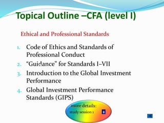Topical Outline –CFA (level I)
1. Code of Ethics and Standards of
Professional Conduct
2. “Guidance” for Standards I–VII
3. Introduction to the Global Investment
Performance
4. Global Investment Performance
Standards (GIPS)
Ethical and Professional Standards
2
 