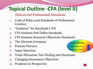 Topical Outline -CFA (level II)
1. Code of Ethics and Standards of Professional
Conduct
2. “Guidance” for Standards I–VII
3. CFA Institute Soft Dollar Standards
4. CFA Institute Research Objectivity Standards
5. The Glenarm Company
6. Preston Partners
7. Super Selection
8. Trade Allocation: Fair Dealing and Disclosure
9. Changing Investment Objectives
10. Prudence in Perspective
Ethical and Professional Standards
 