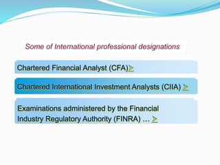  Chartered Financial Analyst (CFA)
 Chartered International Investment Analysts (CIIA)
 