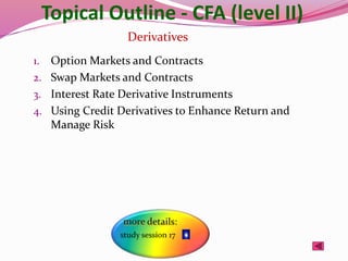 Topical Outline - CFA (level II)
1. Option Markets and Contracts
2. Swap Markets and Contracts
3. Interest Rate Derivative Instruments
4. Using Credit Derivatives to Enhance Return and
Manage Risk
Derivatives
 