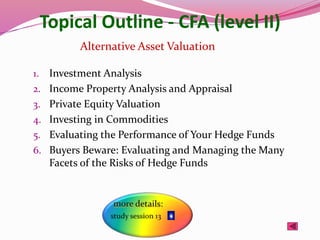 Topical Outline - CFA (level II)
1. Investment Analysis
2. Income Property Analysis and Appraisal
3. Private Equity Valuation
4. Investing in Commodities
5. Evaluating the Performance of Your Hedge Funds
6. Buyers Beware: Evaluating and Managing the Many
Facets of the Risks of Hedge Funds
Alternative Asset Valuation
 