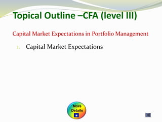 Topical Outline –CFA (level III)
1. Capital Market Expectations
Capital Market Expectations in Portfolio Management
More
Details
 