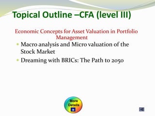 Topical Outline –CFA (level III)
 Macro analysis and Micro valuation of the
Stock Market
 Dreaming with BRICs: The Path to 2050
Economic Concepts for Asset Valuation in Portfolio
Management
More
Details
 