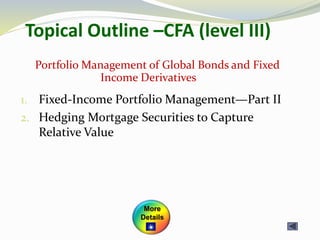 Topical Outline –CFA (level III)
1. Fixed-Income Portfolio Management—Part II
2. Hedging Mortgage Securities to Capture
Relative Value
Portfolio Management of Global Bonds and Fixed
Income Derivatives
More
Details
 