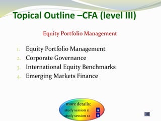 Topical Outline –CFA (level III)
1. Equity Portfolio Management
2. Corporate Governance
3. International Equity Benchmarks
4. Emerging Markets Finance
Equity Portfolio Management
 