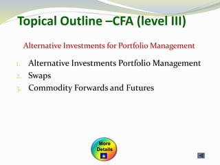 Topical Outline –CFA (level III)
1. Alternative Investments Portfolio Management
2. Swaps
3. Commodity Forwards and Futures
Alternative Investments for Portfolio Management
More
Details
 