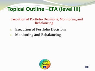 Topical Outline –CFA (level III)
1. Execution of Portfolio Decisions
2. Monitoring and Rebalancing
Execution of Portfolio Decisions; Monitoring and
Rebalancing
More
Details
 