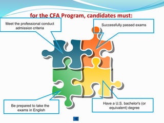 for the CFA Program, candidates must:
Successfully passed examsMeet the professional conduct
admission criteria
Have a U.S. bachelor's (or
equivalent) degree
Be prepared to take the
exams in English
 