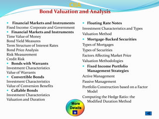 Bond Valuation and Analysis
 Financial Markets and Instruments
Fixed Income: Corporate and Government
 Financial Markets and Instruments
Time Value of Money
Bond Yield Measures
Term Structure of Interest Rates
Bond Price Analysis
Risk Measurement
Credit Risk
 Bonds with Warrants
Investment Characteristics
Value of Warrants
 Convertible Bonds
Investment Characteristics
Value of Conversion Benefits
 Callable Bonds
Investment Characteristics
Valuation and Duration
 Floating Rate Notes
Investment Characteristics and Types
Valuation Method
 Mortgage-Backed Securities
Types of Mortgages
Types of Securities
Factors Affecting Market Price
Valuation Methodologies
 Fixed Income Portfolio
Management Strategies
Active Management
Passive Management
Portfolio Construction based on a Factor
Model
Computing the Hedge Ratio: the
Modified Duration Method
CIIA
More
Details
 
