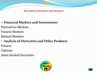 Derivative Valuation and Analysis
 Financial Markets and Instruments
Derivatives Markets
Futures Markets
Related Markets
 Analysis of Derivative and Other Products
Futures
Options
Asset-backed Securities
CIIA
More
Details
 