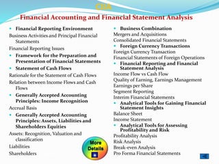 Financial Accounting and Financial Statement Analysis
 Financial Reporting Environment
Business Activities and Principal Financial
Statements
Financial Reporting Issues
 Framework for the Preparation and
Presentation of Financial Statements
 Statement of Cash Flows
Rationale for the Statement of Cash Flows
Relation between Income Flows and Cash
Flows
 Generally Accepted Accounting
Principles: Income Recognition
Accrual Basis
 Generally Accepted Accounting
Principles: Assets, Liabilities and
Shareholders Equities
Assets: Recognition, Valuation and
classification
Liabilities
Shareholders’ Equities
 Business Combination
Mergers and Acquisitions
Consolidated Financial Statements
 Foreign Currency Transactions
Foreign Currency Transaction
Financial Statements of Foreign Operations
 Financial Reporting and Financial
Statement Analysis
Income Flow vs Cash Flow
Quality of Earning, Earnings Management
Earnings per Share
Segment Reporting
Interim Financial Statements
 Analytical Tools for Gaining Financial
Statement Insights
Balance Sheet
Income Statement
 Analytical Tools for Assessing
Profitability and Risk
Profitability Analysis
Risk Analysis
Break-even Analysis
Pro Forma Financial Statements
CIIA
More
Details
 