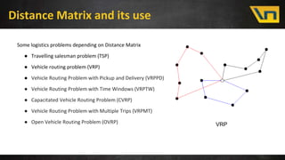 Distance Matrix and its use
Some logistics problems depending on Distance Matrix
● Travelling salesman problem (TSP)
● Vehicle routing problem (VRP)
● Vehicle Routing Problem with Pickup and Delivery (VRPPD)
● Vehicle Routing Problem with Time Windows (VRPTW)
● Capacitated Vehicle Routing Problem (CVRP)
● Vehicle Routing Problem with Multiple Trips (VRPMT)
● Open Vehicle Routing Problem (OVRP) VRP
 