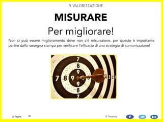 Non ci può essere miglioramento dove non c’è misurazione, per questo è importante
partire dalla rassegna stampa per verificare l’efficacia di una strategia di comunicazione! 
 
MISURARE
Per migliorare!
5 VALORIZZAZIONE
18// Pagina © Threesixty
 