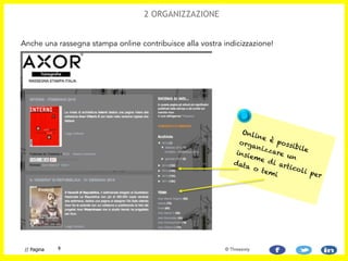 2 ORGANIZZAZIONE
Anche una rassegna stampa online contribuisce alla vostra indicizzazione!
9// Pagina © Threesixty
Online è possibile
organizzare un
insieme di articoli per
data o temi
 