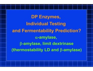DP Enzymes,
Individual Testing
and Fermentability Prediction?
-amylase,
-amylase, limit dextrinase
(thermostability LD and -amylase)
 