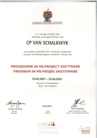 MSProject Certificate - Stellenbosch