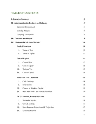 TABLE OF CONTENTS
I. ​Executive Summary 3
II.​ Understanding the Business and Industry 5
Economic Environment 5
Industry Analysis 5
Company Description 6
III. Valuation Techniques 8
IV. ​ Discounted Cash Flow Method 10
Capital Structure 10
I. Value of Debt 10
II. Value of Equity 11
Cost of Capital 11
I. Cost of Debt 12
II. Cost of ​Equity 12
III. Weights/Tax 1​2
IV. Cost of Capital 1​3
Base Year Free Cash Flow 1​4
I. Cash Earnings 1​4
II. Investments 14
III. Change in Working Capital 1​5
IV. Base Year Free Cash Flow Calculation 1​5
DCF Valuation, Enterprise Value 1​6
I. Starbucks Metrics 1​6
II. Growth Metrics 1​6
III. Store Revenue Projections/CF Projections 1​7
IV. Economy Growth 1​8
1
 