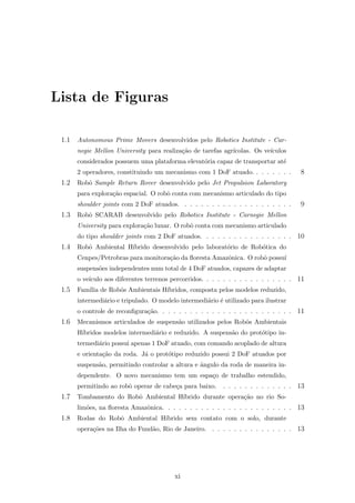 Lista de Figuras
1.1 Autonomous Prime Movers desenvolvidos pelo Robotics Institute - Car-
negie Mellon University para realiza¸c˜ao de tarefas agr´ıcolas. Os ve´ıculos
considerados possuem uma plataforma elevat´oria capaz de transportar at´e
2 operadores, constituindo um mecanismo com 1 DoF atuado. . . . . . . . 8
1.2 Robˆo Sample Return Rover desenvolvido pelo Jet Propulsion Laboratory
para explora¸c˜ao espacial. O robˆo conta com mecanismo articulado do tipo
shoulder joints com 2 DoF atuados. . . . . . . . . . . . . . . . . . . . . 9
1.3 Robˆo SCARAB desenvolvido pelo Robotics Institute - Carnegie Mellon
University para explora¸c˜ao lunar. O robˆo conta com mecanismo articulado
do tipo shoulder joints com 2 DoF atuados. . . . . . . . . . . . . . . . . 10
1.4 Robˆo Ambiental H´ıbrido desenvolvido pelo laborat´orio de Rob´otica do
Cenpes/Petrobras para monitora¸c˜ao da ﬂoresta Amazˆonica. O robˆo possu´ı
suspens˜oes independentes num total de 4 DoF atuados, capazes de adaptar
o ve´ıculo aos diferentes terrenos percorridos. . . . . . . . . . . . . . . . . 11
1.5 Fam´ılia de Robˆos Ambientais H´ıbridos, composta pelos modelos reduzido,
intermedi´ario e tripulado. O modelo intermedi´ario ´e utilizado para ilustrar
o controle de reconﬁgura¸c˜ao. . . . . . . . . . . . . . . . . . . . . . . . . 11
1.6 Mecanismos articulados de suspens˜ao utilizados pelos Robˆos Ambientais
H´ıbridos modelos intermedi´ario e reduzido. A suspens˜ao do prot´otipo in-
termedi´ario possui apenas 1 DoF atuado, com comando acoplado de altura
e orienta¸c˜ao da roda. J´a o prot´otipo reduzido possui 2 DoF atuados por
suspens˜ao, permitindo controlar a altura e ˆangulo da roda de maneira in-
dependente. O novo mecanismo tem um espa¸co de trabalho estendido,
permitindo ao robˆo operar de cabe¸ca para baixo. . . . . . . . . . . . . . 13
1.7 Tombamento do Robˆo Ambiental H´ıbrido durante opera¸c˜ao no rio So-
lim˜oes, na ﬂoresta Amazˆonica. . . . . . . . . . . . . . . . . . . . . . . . 13
1.8 Rodas do Robˆo Ambiental H´ıbrido sem contato com o solo, durante
opera¸c˜oes na Ilha do Fund˜ao, Rio de Janeiro. . . . . . . . . . . . . . . . 13
xi
 
