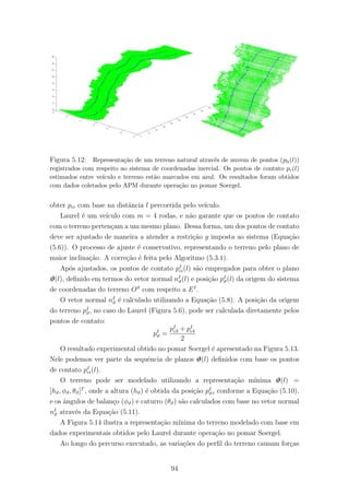 Figura 5.12: Representa¸c˜ao de um terreno natural atrav´es de nuvem de pontos (pli(l))
registrados com respeito ao sistema de coordenadas inercial. Os pontos de contato pc(l)
estimados entre ve´ıculo e terreno est˜ao marcados em azul. Os resultados foram obtidos
com dados coletados pelo APM durante opera¸c˜ao no pomar Soergel.
obter pci com base na distˆancia l percorrida pelo ve´ıculo.
Laurel ´e um ve´ıculo com m = 4 rodas, e n˜ao garante que os pontos de contato
com o terreno perten¸cam a um mesmo plano. Dessa forma, um dos pontos de contato
deve ser ajustado de maneira a atender a restri¸c˜ao g imposta ao sistema (Equa¸c˜ao
(5.6)). O processo de ajuste ´e conservativo, representando o terreno pelo plano de
maior inclina¸c˜ao. A corre¸c˜ao ´e feita pelo Algoritmo (5.3.1).
Ap´os ajustados, os pontos de contato pI
ci(l) s˜ao empregados para obter o plano
ϑ(l), deﬁnido em termos do vetor normal nI
ϑ(l) e posi¸c˜ao pI
ϑ(l) da origem do sistema
de coordenadas do terreno Oϑ
com respeito a EI
.
O vetor normal nI
ϑ ´e calculado utilizando a Equa¸c˜ao (5.8). A posi¸c˜ao da origem
do terreno pI
ϑ, no caso do Laurel (Figura 5.6), pode ser calculada diretamente pelos
pontos de contato:
pI
ϑ =
pI
c3 + pI
c4
2
O resultado experimental obtido no pomar Soergel ´e apresentado na Figura 5.13.
Nele podemos ver parte da sequˆencia de planos ϑ(l) deﬁnidos com base os pontos
de contato pI
ci(l).
O terreno pode ser modelado utilizando a representa¸c˜ao m´ınima ϑ(l) =
[hϑ, φϑ, θϑ]T
, onde a altura (hϑ) ´e obtida da posi¸c˜ao pI
ϑz conforme a Equa¸c˜ao (5.10),
e os ˆangulos de balan¸co (φϑ) e caturro (θϑ) s˜ao calculados com base no vetor normal
nI
ϑ atrav´es da Equa¸c˜ao (5.11).
A Figura 5.14 ilustra a representa¸c˜ao m´ınima do terreno modelado com base em
dados experimentais obtidos pelo Laurel durante opera¸c˜ao no pomar Soergel.
Ao longo do percurso executado, as varia¸c˜oes do perﬁl do terreno causam for¸cas
94
 