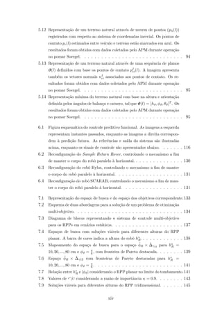 5.12 Representa¸c˜ao de um terreno natural atrav´es de nuvem de pontos (pli(l))
registrados com respeito ao sistema de coordenadas inercial. Os pontos de
contato pc(l) estimados entre ve´ıculo e terreno est˜ao marcados em azul. Os
resultados foram obtidos com dados coletados pelo APM durante opera¸c˜ao
no pomar Soergel. . . . . . . . . . . . . . . . . . . . . . . . . . . . . . 94
5.13 Representa¸c˜ao de um terreno natural atrav´es de uma sequˆencia de planos
ϑ(l) deﬁnidos com base os pontos de contato pI
ci(l). A imagem apresenta
tamb´em os vetores normais nI
ci associados aos pontos de contato. Os re-
sultados foram obtidos com dados coletados pelo APM durante opera¸c˜ao
no pomar Soergel. . . . . . . . . . . . . . . . . . . . . . . . . . . . . . 95
5.14 Representa¸c˜ao m´ınima do terreno natural com base na altura e orienta¸c˜ao
deﬁnida pelos ˆangulos de balan¸co e caturro, tal que ϑ(l) = [hϑ, φϑ, θϑ]T . Os
resultados foram obtidos com dados coletados pelo APM durante opera¸c˜ao
no pomar Soergel. . . . . . . . . . . . . . . . . . . . . . . . . . . . . . 95
6.1 Figura esquem´atica do controle preditivo funcional. As imagens a esquerda
representam instantes passados, enquanto as imagens a direita correspon-
dem `a predi¸c˜ao futura. As referˆencias e sa´ıda do sistema s˜ao ilustradas
acima, enquanto os sinais de controle s˜ao apresentados abaixo. . . . . . . 116
6.2 Reconﬁgura¸c˜ao do Sample Return Rover, controlando o mecanismo a ﬁm
de manter o corpo do robˆo paralelo `a horizontal. . . . . . . . . . . . . . . 130
6.3 Reconﬁgura¸c˜ao do robˆo Hylos, controlando o mecanismo a ﬁm de manter
o corpo do robˆo paralelo `a horizontal. . . . . . . . . . . . . . . . . . . . 131
6.4 Reconﬁgura¸c˜ao do robˆo SCARAB, controlando o mecanismo a ﬁm de man-
ter o corpo do robˆo paralelo `a horizontal. . . . . . . . . . . . . . . . . . 131
7.1 Representa¸c˜ao do espa¸co de busca e do espa¸co dos objetivos correspondente.133
7.2 Esquema de duas abordagens para a solu¸c˜ao de um problema de otimiza¸c˜ao
multi-objetivo. . . . . . . . . . . . . . . . . . . . . . . . . . . . . . . . 134
7.3 Diagrama de blocos representando o sistema de controle multi-objetivo
para os RPPs em cen´arios est´aticos. . . . . . . . . . . . . . . . . . . . . 137
7.4 Espa¸cos de busca com solu¸c˜oes vi´aveis para diferentes alturas do RPP
planar. A barra de cores indica a altura do robˆo h∗
R. . . . . . . . . . . . . 138
7.5 Mapeamento do espa¸co de busca para o espa¸co ˜φR × ˜∆γ12 para h∗
R =
10, 20, ..., 80 cm e φϑ = π
6 , com fronteira de Pareto destacada. . . . . . . . 139
7.6 Espa¸co ˜φR × ˜∆γ12 com fronteiras de Pareto destacadas para h∗
R =
10, 20, ..., 80 cm e φϑ = π
6 . . . . . . . . . . . . . . . . . . . . . . . . . . 141
7.7 Rela¸c˜ao entre h∗
R e |φϑ| considerando o RPP planar no limite do tombamento.141
7.8 Valores de c∗
/C considerando a raz˜ao de importˆancia κ = 0.9. . . . . . . . 143
7.9 Solu¸c˜oes vi´aveis para diferentes alturas do RPP tridimensional. . . . . . . 145
xiv
 