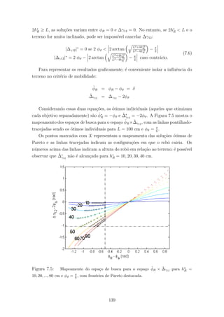 2h∗
R ≥ L, as solu¸c˜oes variam entre φR = 0 e ∆γ12 = 0. No entanto, se 2h∗
R < L e o
terreno for muito inclinado, pode ser imposs´ıvel cancelar ∆γ12:
|∆γ12|∗
= 0 se 2 φϑ < 2 arctan
L2+4h∗2
R
L2−4h∗2
R
− π
2
|∆γ12|∗
= 2 φϑ − 2 arctan
L2+4h∗2
R
L2−4h∗2
R
− π
2
caso contr´ario.
(7.6)
Para representar os resultados graﬁcamente, ´e conveniente isolar a inﬂuˆencia do
terreno no crit´erio de mobilidade:
˜φR = φR − φϑ = δ
˜∆γ12 = ∆γ12 − 2φϑ
Considerando essas duas equa¸c˜oes, os ´otimos individuais (aqueles que otimizam
cada objetivo separadamente) s˜ao ˜φ∗
R = −φϑ e ˜∆∗
γ12
= −2φϑ. A Figura 7.5 mostra o
mapeamento dos espa¸cos de busca para o espa¸co ˜φR× ˜∆γ12 , com as linhas pontilhado-
tracejadas sendo os ´otimos individuais para L = 100 cm e φϑ = π
6
.
Os pontos marcados com X representam o mapeamento das solu¸c˜oes ´otimas de
Pareto e as linhas tracejadas indicam as conﬁgura¸c˜oes em que o robˆo cairia. Os
n´umeros acima das linhas indicam a altura do robˆo em rela¸c˜ao ao terreno; ´e poss´ıvel
observar que ˜∆∗
γ12
n˜ao ´e alcan¸cado para h∗
R = 10, 20, 30, 40 cm.
Figura 7.5: Mapeamento do espa¸co de busca para o espa¸co ˜φR × ˜∆γ12 para h∗
R =
10, 20, ..., 80 cm e φϑ = π
6 , com fronteira de Pareto destacada.
139
 