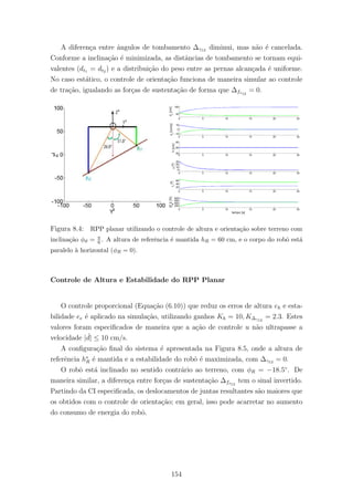 A diferen¸ca entre ˆangulos de tombamento ∆γ12 diminui, mas n˜ao ´e cancelada.
Conforme a inclina¸c˜ao ´e minimizada, as distˆancias de tombamento se tornam equi-
valentes (dt1 = dt2 ) e a distribui¸c˜ao do peso entre as pernas alcan¸cada ´e uniforme.
No caso est´atico, o controle de orienta¸c˜ao funciona de maneira simular ao controle
de tra¸c˜ao, igualando as for¸cas de sustenta¸c˜ao de forma que ∆fs12
= 0.
Figura 8.4: RPP planar utilizando o controle de altura e orienta¸c˜ao sobre terreno com
inclina¸c˜ao φϑ = π
6 . A altura de referˆencia ´e mantida hR = 60 cm, e o corpo do robˆo est´a
paralelo `a horizontal (φR = 0).
Controle de Altura e Estabilidade do RPP Planar
O controle proporcional (Equa¸c˜ao (6.10)) que reduz os erros de altura eh e esta-
bilidade ee ´e aplicado na simula¸c˜ao, utilizando ganhos Kh = 10, K∆γ12
= 2.3. Estes
valores foram especiﬁcados de maneira que a a¸c˜ao de controle u n˜ao ultrapasse a
velocidade | ˙d| ≤ 10 cm/s.
A conﬁgura¸c˜ao ﬁnal do sistema ´e apresentada na Figura 8.5, onde a altura de
referˆencia h∗
R ´e mantida e a estabilidade do robˆo ´e maximizada, com ∆γ12 = 0.
O robˆo est´a inclinado no sentido contr´ario ao terreno, com φR = −18.5◦
. De
maneira similar, a diferen¸ca entre for¸cas de sustenta¸c˜ao ∆fs12
tem o sinal invertido.
Partindo da CI especiﬁcada, os deslocamentos de juntas resultantes s˜ao maiores que
os obtidos com o controle de orienta¸c˜ao; em geral, isso pode acarretar no aumento
do consumo de energia do robˆo.
154
 