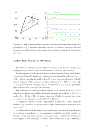 Figura 8.5: RPP planar utilizando o controle de altura e estabilidade sobre terreno com
inclina¸c˜ao φϑ = π
6 . A altura de referˆencia ´e mantida hR = 60 cm, e o corpo do robˆo est´a
inclinado no sentido contr´ario ao terreno de forma a igualar os ˆangulos de tombamento
(γ1 = γ2).
Controle Multi-Objetivo do RPP Planar
Por ´ultimo, a otimiza¸c˜ao multi objetivo ´e aplicada a ﬁm do robˆo alcan¸car uma
conﬁgura¸c˜ao que atenda a um compromisso entre orienta¸c˜ao e estabilidade.
Em cen´arios est´aticos de opera¸c˜ao sem requisitos temporais ﬁrmes, ´e vi´avel obter
a fronteira de Pareto Z∗
do sistema, conforme apresentado na Figura 7.5 para φϑ = π
6
e h∗
R = 60 cm. A conﬁgura¸c˜ao ideal do robˆo pertencente a esta fronteira ´e obtida
com c∗
(Equa¸c˜ao (7.8)), aplicando os valores arbitrados E = 0.65 e κ = 0.9, onde
E ∈ [0, 1] corresponde `a energia restante nas baterias, e κ ∈ [0, 1] ´e a prioridade
entre os crit´erios de orienta¸c˜ao e estabilidade.
O controle proporcional (Equa¸c˜ao (6.10)) que reduz os erros de altura eh e ori-
enta¸c˜ao eo ´e aplicado na simula¸c˜ao, utilizando a orienta¸c˜ao de referˆencia φ∗
R(c∗
) e os
ganhos Kh = 10, Kφ = 2.7. Os ganhos foram especiﬁcados de maneira que a a¸c˜ao
de controle u n˜ao ultrapasse a velocidade | ˙d| ≤ 10 cm/s.
A conﬁgura¸c˜ao ﬁnal do sistema ´e apresentada na Figura 8.6, onde a altura de
referˆencia h∗
R ´e mantida e o corpo do robˆo segue a orienta¸c˜ao de referˆencia, com
φR = −8.1◦
.
A conﬁgura¸c˜ao alcan¸cada atende a um compromisso entre os crit´erios conﬂitantes
de orienta¸c˜ao e estabilidade. O robˆo permanece inclinado no sentido contr´ario ao
terreno, por´em num valor inferior ao alcan¸cado com o controle de estabilidade.
Com respeito a esta estrat´egia, o controle multi-objetivo leva a uma distribui¸c˜ao
155
 