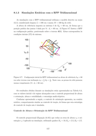 8.1.3 Simula¸c˜oes Est´aticas com o RPP Tridimensional
As simula¸c˜oes com o RPP tridimensional utilizam o modelo descrito na se¸c˜ao
3.2.3, considerando largura L = 100 cm e massa M = 100 kg do robˆo.
A altura de referˆencia imposta ao sistema ´e de h∗
R = 60 cm, de forma que a
posi¸c˜ao padr˜ao das juntas ´e dada por ∀i : di = 60 cm. A Figura 8.7 ilustra o RPP
na conﬁgura¸c˜ao padr˜ao, posicionado sobre o terreno ϑ(0). Estas correspondem `as
condi¸c˜oes iniciais (CI) do sistema.
Figura 8.7: Conﬁgura¸c˜ao inicial do RPP tridimensional na altura de referˆencia hR = 60
cm sobre terreno com inclina¸c˜ao φϑ = π
6 , θϑ = π
10. Neste caso, as pernas do robˆo possuem
mesmo comprimento (∀i : di = 60 cm).
Os resultados obtidos durante as simula¸c˜oes est˜ao apresentados na Tabela 8.3,
com os valores inicial e de regime alcan¸cados com o controle proporcional de altura
e orienta¸c˜ao, altura e estabilidade, e estrat´egia multi-objetivo.
Conforme apresentado a seguir, o controle de orienta¸c˜ao apresenta, no cen´ario
est´atico, comportamento similar ao controle de tra¸c˜ao, de forma que esta estrat´egia
de controle de tra¸c˜ao n˜ao ´e simulada.
Controle de Altura e Orienta¸c˜ao do RPP Tridimensional
O controle proporcional (Equa¸c˜ao (6.10)) que reduz os erros de altura eh e ori-
enta¸c˜ao eo ´e aplicado na simula¸c˜ao, utilizando ganhos Kh = 10, Kφ = 2.5, Kθ = 2.5.
157
 