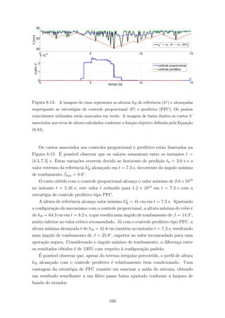 Figura 8.13: A imagem de cima representa as alturas hR de referˆencia (h∗) e alcan¸cadas
empregando as estrat´egias de controle proporcional (P) e preditivo (PFC). Os pontos
coincidentes utilizados est˜ao marcados em verde. A imagem de baixo ilustra os custos V
associados aos erros de altura calculados conforme a fun¸c˜ao objetivo deﬁnida pela Equa¸c˜ao
(6.34).
Os custos associados aos controles proporcional e preditivo est˜ao ilustrados na
Figura 8.13. ´E poss´ıvel observar que os valores aumentam entre os instantes t =
[4.3, 7.3] s. Estas varia¸c˜oes ocorrem devido ao horizonte de predi¸c˜ao th = 3.0 s e o
valor extremo da referˆencia h∗
R alcan¸cado em t = 7.3 s, decorrente do ˆangulo m´ınimo
de tombamento ¯βmin = 8.8◦
.
O custo obtido com o controle proporcional alcan¸ca o valor m´aximo de 2.6×1015
no instante t = 5.16 s; este valor ´e reduzido para 1.2 × 1013
em t = 7.3 s com a
estrat´egia de controle preditivo tipo PFC.
A altura de referˆencia alcan¸ca valor m´ınimo h∗
R = 41 cm em t = 7.3 s. Ajustando
a conﬁgura¸c˜ao do mecanismo com o controle proporcional, a altura m´ınima do robˆo ´e
de hR = 64.3 cm em t = 8.2 s, o que resulta num ˆangulo de tombamento de β = 14.3◦
,
muito inferior ao valor cr´ıtico recomendado. J´a com o controle preditivo tipo PFC, a
altura m´ınima alcan¸cada ´e de hR = 41.6 cm tamb´em no instante t = 7.3 s, resultando
num ˆangulo de tombamento de β = 25.8◦
, superior ao valor recomendado para uma
opera¸c˜ao segura. Considerando o ˆangulo m´ınimo de tombamento, a diferen¸ca entre
os resultados obtidos ´e de 130% com respeito `a conﬁgura¸c˜ao padr˜ao.
´E poss´ıvel observar que, apesar do terreno irregular percorrido, o perﬁl de altura
hR alcan¸cado com o controle preditivo ´e relativamente bem condicionado. Uma
vantagem da estrat´egia de PFC consiste em suavizar a sa´ıda do sistema, obtendo
um resultado semelhante a um ﬁltro passa baixa ajustado conforme a largura de
banda do atuador.
166
 