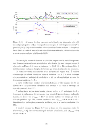 Figura 8.16: A imagem de cima representa as inclina¸c˜oes φR alcan¸cadas pelo robˆo
na conﬁgura¸c˜ao padr˜ao (std), e empregando as estrat´egias de controle proporcional (P) e
preditivo (PFC). Os pontos coincidentes utilizados est˜ao marcados em verde. A imagem de
baixo ilustra os custos V associados aos erros de altura e orienta¸c˜ao, calculados conforme
a fun¸c˜ao objetivo deﬁnida pela Equa¸c˜ao (6.35).
Para varia¸c˜oes suaves do terreno, os controles proporcional e preditivo apresen-
tam desempenho semelhante ao minimizar a inclina¸c˜ao φR; este comportamento ´e
observado na Figura 8.16 entre os instantes t = [10.3, 15] s. J´a a a¸c˜ao preditiva ´e
not´oria durante varia¸c˜oes abruptas do terreno que levam `a satura¸c˜ao dos atuadores.
Os custos associados aos controles est˜ao ilustrados na Figura 8.16. ´E poss´ıvel
observar que os valores aumentam entre os instantes t = [4, 7] s; estas varia¸c˜oes
ocorrem devido ao horizonte de predi¸c˜ao th = 3.0 s e a irregularidade abrupta do
terreno percorrida em t = 7 s.
O custo obtido com o controle proporcional alcan¸ca o valor m´aximo de 165 no
instante t = 4.5 s; este valor ´e reduzido para 90 em t = 5.7 s com a estrat´egia de
controle preditivo tipo PFC.
A inclina¸c˜ao do terreno alcan¸ca valor extremo |φϑ|max = 16◦
no instante t = 7 s.
Ajustando a conﬁgura¸c˜ao do mecanismo com o controle proporcional, a inclina¸c˜ao
m´axima do robˆo ´e de |φR|max = 10.1◦
no mesmo instante de tempo; j´a com o
controle preditivo tipo PFC, o valor ´e reduzido para |φR|max = 6.9◦
em t = 8.2 s.
Considerando a inclina¸c˜ao compensada, a diferen¸ca entre os resultados obtidos ´e de
55%.
´E poss´ıvel observar na Figura 8.17 que a altura do robˆo mantˆem o valor de
referˆencia hR = h∗
R sem maiores varia¸c˜oes durante a simula¸c˜ao, com |∆h|max = 0.3
cm em t = 8.4 s.
170
 