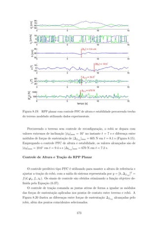 Figura 8.19: RPP planar com controle PFC de altura e estabilidade percorrendo trecho
do terreno modelado utilizando dados experimentais.
Percorrendo o terreno sem controle de reconﬁgura¸c˜ao, o robˆo se depara com
valores extremos de inclina¸c˜ao |φR|max = 16◦
no instante t = 7 s e diferen¸ca entre
m´odulos de for¸cas de sustenta¸c˜ao de |∆fs12
|max = 605 N em t = 8.1 s (Figura 8.15).
Empregando o controle PFC de altura e estabilidade, os valores alcan¸cados s˜ao de
|φR|max = 10.6◦
em t = 9.4 s e |∆fs12
|max = 670 N em t = 7.2 s.
Controle de Altura e Tra¸c˜ao do RPP Planar
O controle preditivo tipo PFC ´e utilizando para manter a altura de referˆencia e
ajustar a tra¸c˜ao do robˆo, com a sa´ıda do sistema representada por y = [h, ∆fs12
]T
=
f(d, ϕϑ, fr, ηr). Os sinais de controle s˜ao obtidos otimizando a fun¸c˜ao objetivo de-
ﬁnida pela Equa¸c˜ao (6.37).
O controle de tra¸c˜ao comanda as juntas ativas de forma a igualar os m´odulos
das for¸cas de sustenta¸c˜ao aplicadas nos pontos de contato entre terreno e robˆo. A
Figura 8.20 ilustra as diferen¸cas entre for¸cas de sustenta¸c˜ao ∆fs12
alcan¸cadas pelo
robˆo, al´em dos pontos coincidentes selecionados.
173
 