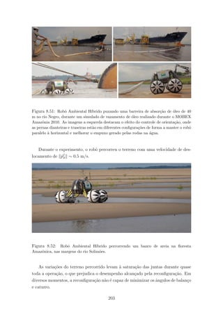 Figura 8.51: Robˆo Ambiental H´ıbrido puxando uma barreira de absor¸c˜ao de ´oleo de 40
m no rio Negro, durante um simulado de vazamento de ´oleo realizado durante o MOBEX
Amazˆonia 2010. As imagens a esquerda destacam o efeito do controle de orienta¸c˜ao, onde
as pernas dianteiras e traseiras est˜ao em diferentes conﬁgura¸c˜oes de forma a manter o robˆo
paralelo `a horizontal e melhorar o empuxo gerado pelas rodas na ´agua.
Durante o experimento, o robˆo percorreu o terreno com uma velocidade de des-
locamento de ˙pI
ϑ ∼ 0.5 m/s.
Figura 8.52: Robˆo Ambiental H´ıbrido percorrendo um banco de areia na ﬂoresta
Amazˆonica, nas margens do rio Solim˜oes.
As varia¸c˜oes do terreno percorrido levam `a satura¸c˜ao das juntas durante quase
toda a opera¸c˜ao, o que prejudica o desempenho alcan¸cado pela reconﬁgura¸c˜ao. Em
diversos momentos, a reconﬁgura¸c˜ao n˜ao ´e capaz de minimizar os ˆangulos de balan¸co
e caturro.
203
 