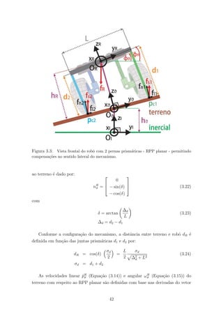 Figura 3.3: Vista frontal do robˆo com 2 pernas prism´aticas - RPP planar - permitindo
compensa¸c˜oes no sentido lateral do mecanismo.
ao terreno ´e dado por:
nR
ϑ =



0
− sin(δ)
− cos(δ)


 (3.22)
com
δ = arctan
∆d
L
(3.23)
∆d = d2 − d1
Conforme a conﬁgura¸c˜ao do mecanismo, a distˆancia entre terreno e robˆo dR ´e
deﬁnida em fun¸c˜ao das juntas prism´aticas d1 e d2 por:
dR = cos(δ)
σd
2
=
L
2
σd
∆2
d + L2
(3.24)
σd = d1 + d2
As velocidades linear ˙pR
ϑ (Equa¸c˜ao (3.14)) e angular ωR
ϑ (Equa¸c˜ao (3.15)) do
terreno com respeito ao RPP planar s˜ao deﬁnidas com base nas derivadas do vetor
42
 