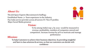 䄀戀漀甀琀 唀猀㨀 
吀栀攀 䨀漀戀 匀瀀愀挀攀 䔀砀瀀攀爀琀猀 ⠀刀攀挀爀甀椀琀洀攀渀琀 ☀ 匀琀愀ϻ渀最
䔀猀琀愀戀氀椀猀栀攀搀 一愀洀攀㨀 㜀⬀ 夀攀愀爀猀 攀砀瀀攀爀椀攀渀挀攀 椀渀 琀栀攀 䤀渀搀甀猀琀爀礀
倀愀渀 䤀渀搀椀愀 猀攀爀瘀椀挀攀 瀀爀漀瘀椀搀攀爀 愀挀爀漀猀猀 愀氀氀 猀攀挀琀漀爀猀 䤀吀⼀ 一漀渀 䤀吀 瀀爀漀ǻ氀攀猀
吀漀 戀攀 愀洀漀渀最 䤀渀搀椀愀ᤠ猀 琀漀瀀 㔀Ⰰ 戀礀 ㈀　㈀　ⴀ 眀漀甀氀搀 戀攀 洀攀愀猀甀爀攀搀 椀渀 
爀攀瘀攀渀甀攀Ⰰ 瀀爀漀ǻ琀愀戀椀氀椀琀礀Ⰰ 渀甀洀戀攀爀猀 漀昀 挀漀洀瀀愀渀椀攀猀 挀愀琀攀爀攀搀 愀渀搀 
挀漀洀瀀攀琀椀琀椀漀渀⸀ 䤀渀挀爀攀愀猀攀 爀攀瘀攀渀甀攀 戀礀 㔀　─ 琀漀 洀漀琀椀瘀愀琀攀 愀渀搀 洀愀渀愀最攀
瀀攀爀昀漀爀洀愀渀挀攀 
䴀椀猀猀椀漀渀㨀
 ⤀
䴀愀樀漀爀 匀漀挀椀愀氀 䴀攀搀椀愀 瀀爀攀猀攀渀挀攀
嘀椀猀椀漀渀㨀
 