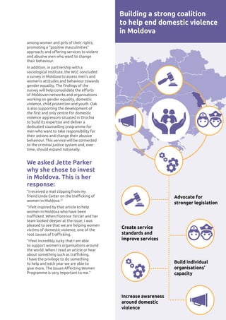 ISSUES AFFECTING WOMEN 55
among women and girls of their rights;
promoting a “positive masculinities”
approach; and offering services to violent
and abusive men who want to change
their behaviour.
In addition, in partnership with a
sociological institute, the WLC concluded
a survey in Moldova to assess men’s and
women’s attitudes and behaviour towards
gender equality. The findings of the
survey will help consolidate the efforts
of Moldovan networks and organisations
working on gender equality, domestic
violence, child protection and youth. Oak
is also supporting the development of
the first and only centre for domestic
violence aggressors situated in Drochia
to build its expertise and deliver a
dedicated counselling programme for
men who want to take responsibility for
their actions and change their abusive
behaviour. This service will be connected
to the criminal justice system and, over
time, should expand nationally.
We asked Jette Parker
why she chose to invest
in Moldova. This is her
response:
“I received a mail clipping from my
friend Linda Carter on the trafficking of
women in Moldova.22
“I felt inspired by that article to help
women in Moldova who have been
trafficked. When Florence Tercier and her
team looked deeper at the issue, I was
pleased to see that we are helping women
victims of domestic violence, one of the
root causes of trafficking.
“I feel incredibly lucky that I am able
to support women’s organisations around
the world. When I read an article or hear
about something such as trafficking,
I have the privilege to do something
to help and each year we are able to
give more. The Issues Affecting Women
Programme is very important to me.”
Building a strong coalition
to help end domestic violence
in Moldova
Advocate for
stronger legislation
Create service
standards and
improve services
Build individual
organisations’
capacity
Increase awareness
around domestic
violence
 